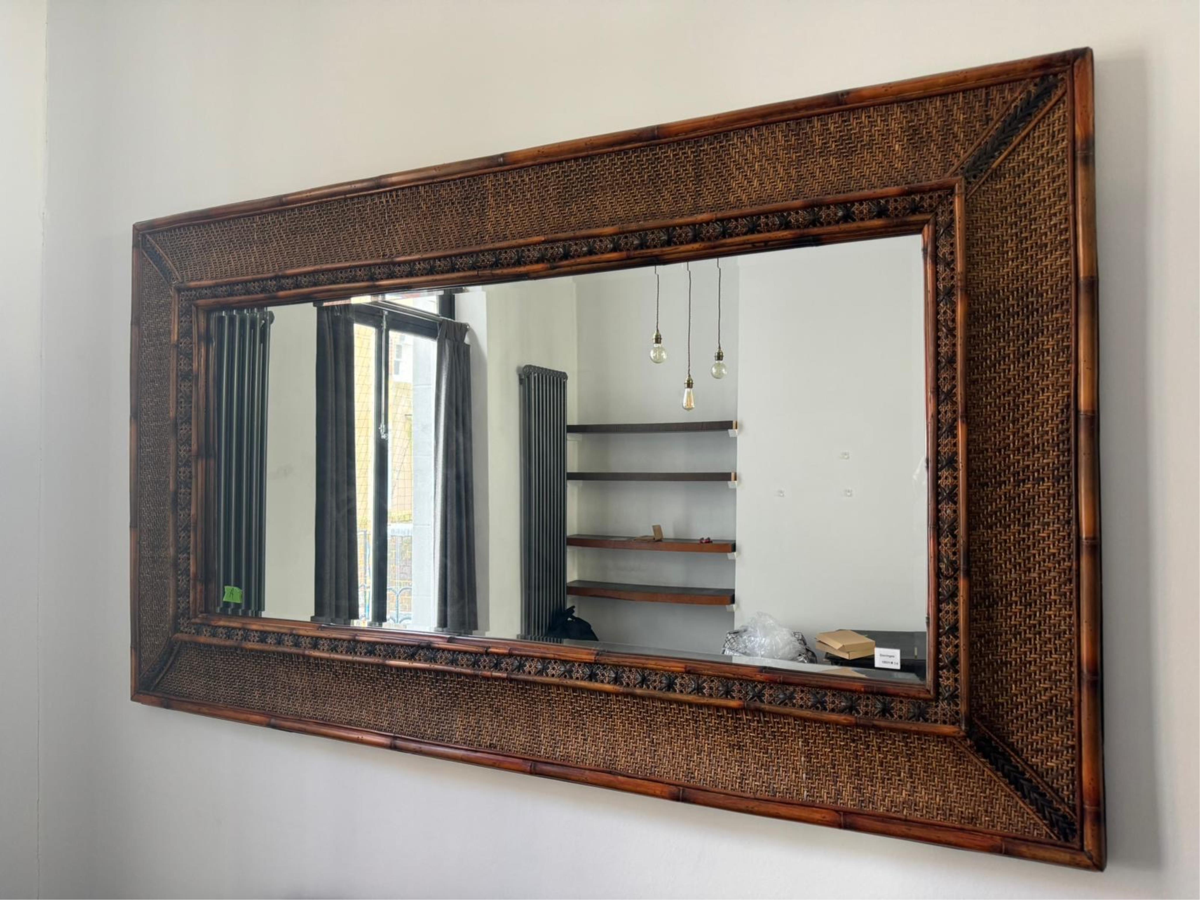 A large rectangular bamboo and rattan wall mirror, width 219cm, height 126cm. Condition - good